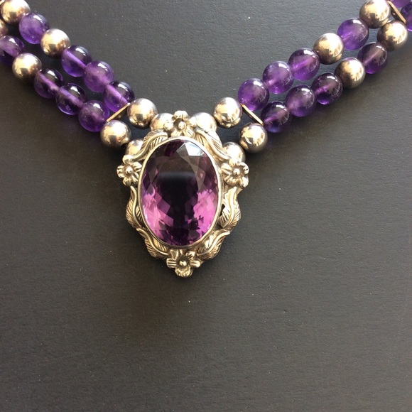 Vintage 925 Sterling Silver Natural Amethyst Necklace.